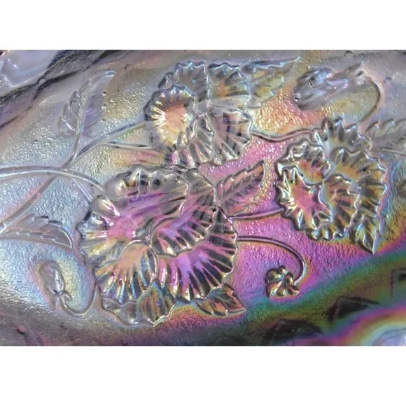 Imperial Glass Pickle Relish Dish Quilted Pansy Smoke Blue Iridescent Carnival - Picture 5 of 6